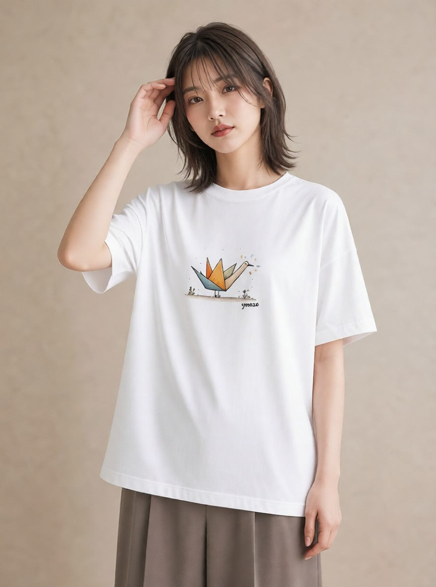 デザインTシャツ レディース 折り鶴 折り紙 ナチュラル アンティーク イラスト アート風 公園 ママ 白T
