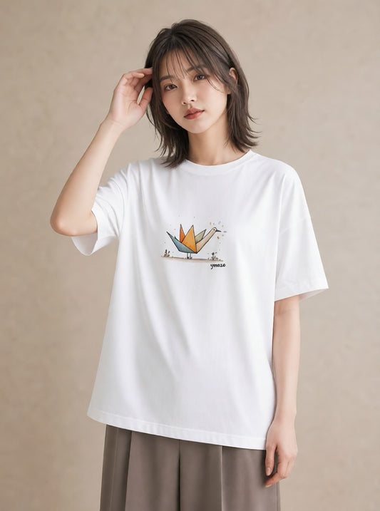 デザインTシャツ レディース 折り鶴 折り紙 ナチュラル アンティーク イラスト アート風 公園 ママ 白T