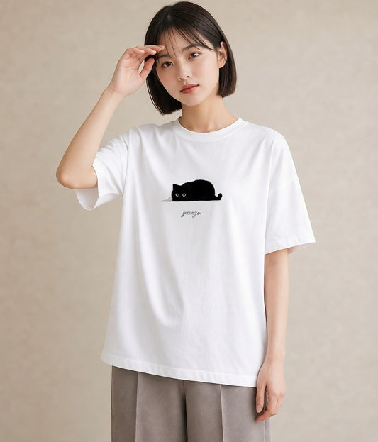 半袖Tシャツ レディース 黒猫 猫 ねこ イラスト ニュアンス 女性向けギフト 散歩 白T