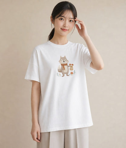 Tシャツ レディース たぬき 動物 アニマル イラスト シンプル お揃い 親子 白T