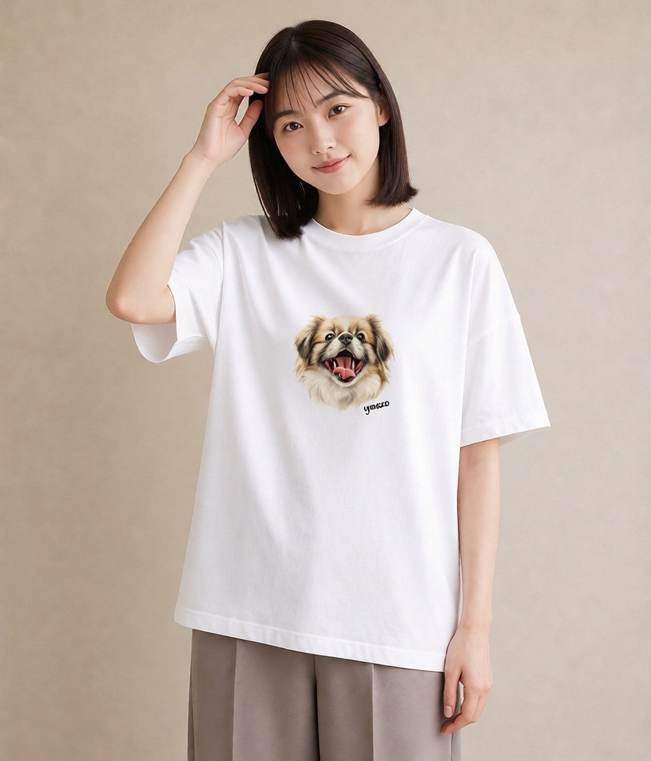 デザインTシャツ レディース 狆 犬 いぬ イラスト ゆるコーデ ペアコーデ 秋コーデ 白T