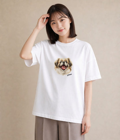 デザインTシャツ レディース 狆 犬 いぬ イラスト ゆるコーデ ペアコーデ 秋コーデ 白T
