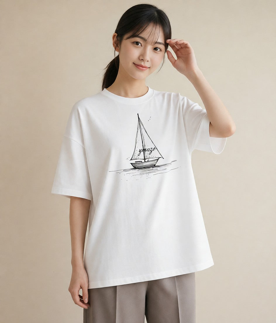 半袖Tシャツ レディース 桟橋 水辺 波止場 ナチュラル アンティーク イラスト きれいめ 自分用 ルームウェア 白T