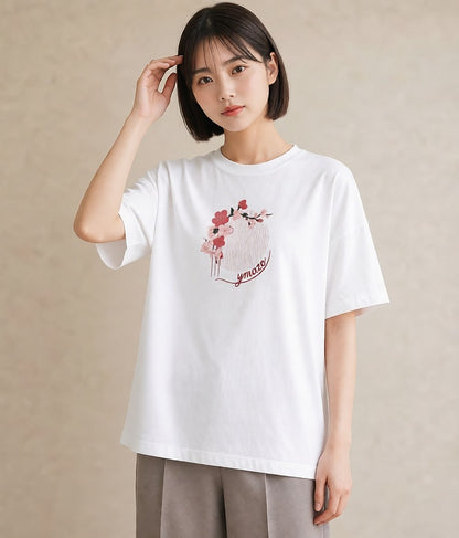 半袖Tシャツ レディース 扇子 そよ風 ナチュラル アンティーク イラスト シック 在宅 公園 白T