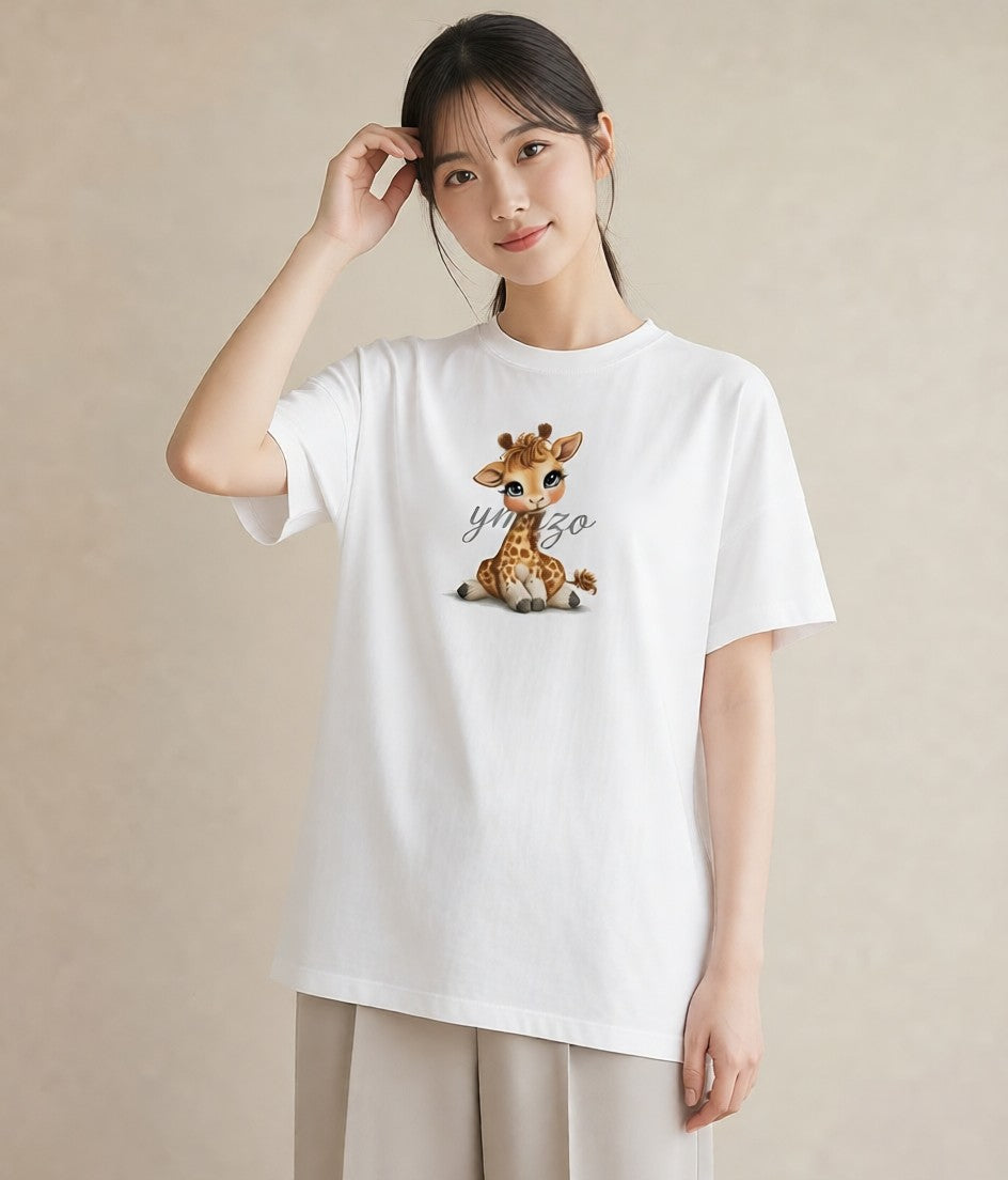 半袖Tシャツ レディース きりん 動物 アニマル イラスト レトロ クリスマス 旅行 白T