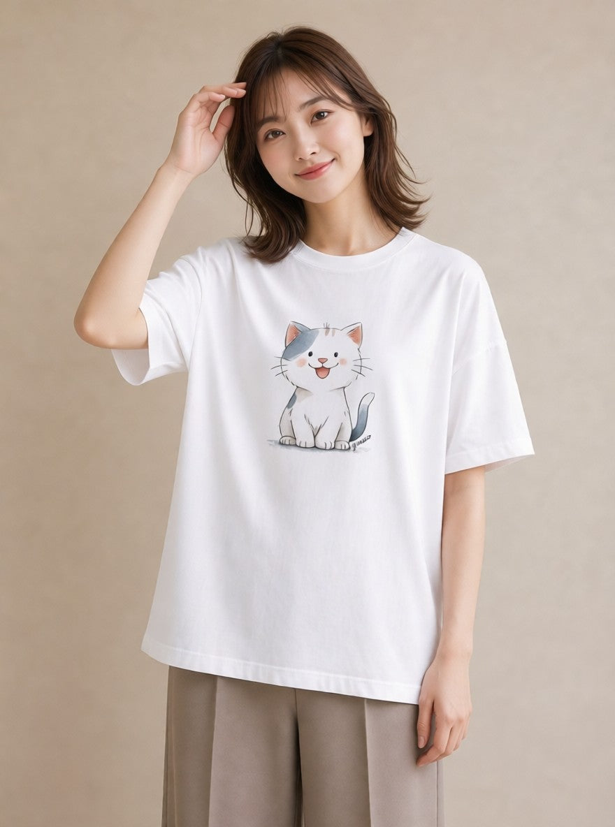 Tシャツ レディース 白猫 猫 ねこ イラスト 手描き風 海 カフェ巡り 白T