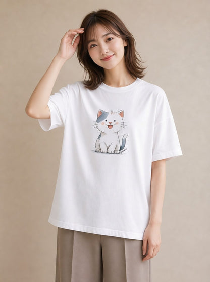 Tシャツ レディース 白猫 猫 ねこ イラスト 手描き風 海 カフェ巡り 白T