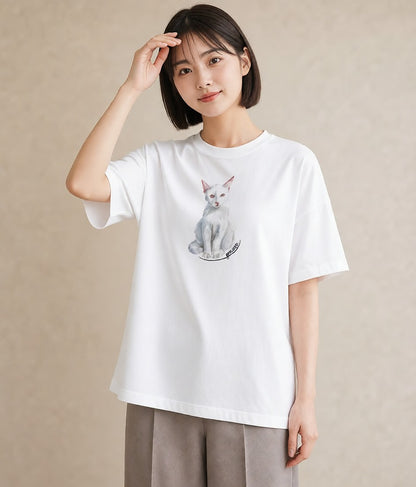 プリントTシャツ レディース 三毛猫 みけねこ 三毛 猫 ねこ イラスト ラフ デート 帰省 白T