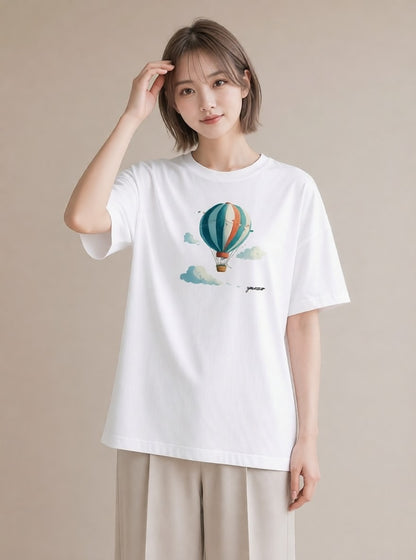 半袖Tシャツ レディース 気球 星空 宇宙 イラスト ナチュラル 旅行用 海 白T