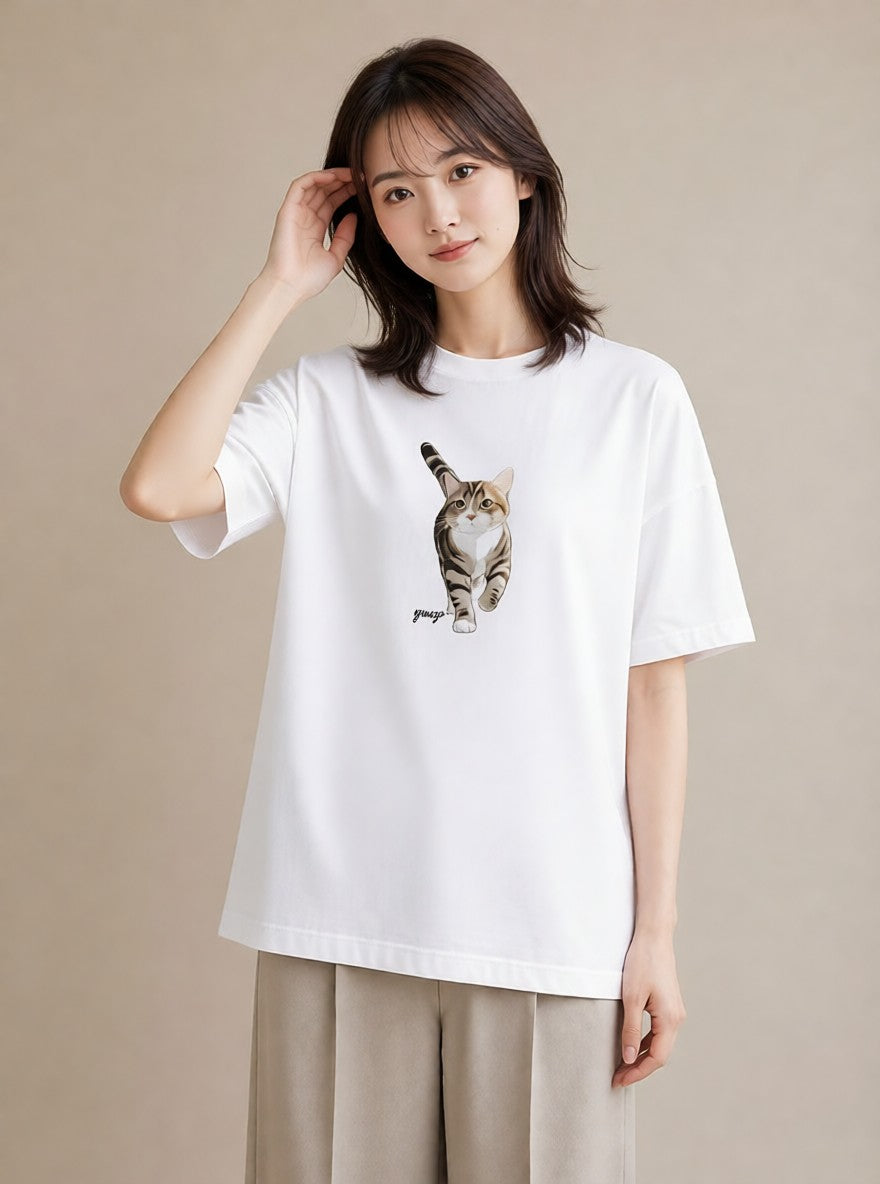 半袖Tシャツ レディース アメリカンショートヘア 猫 ねこ イラスト きれいめ 帰省 ラフ 白T