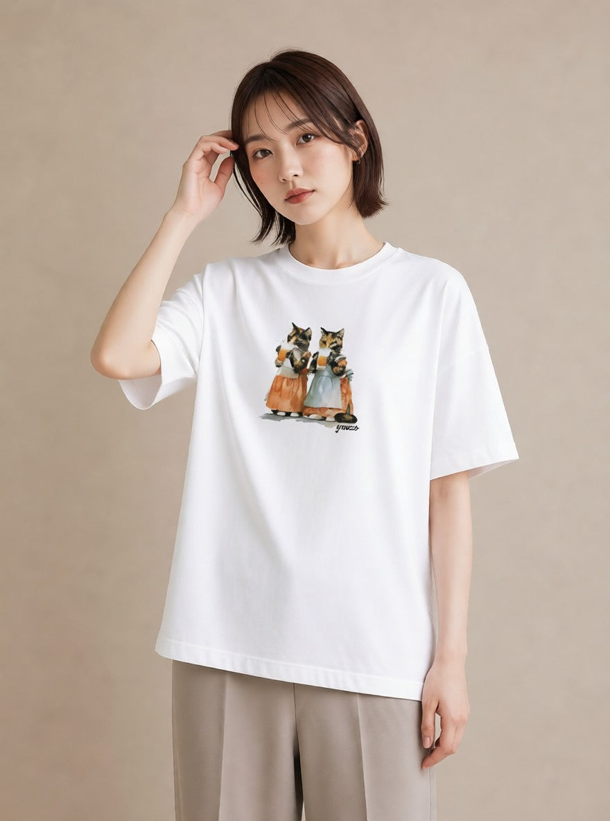 プリントTシャツ レディース サビ猫 猫 ねこ イラスト 可愛い 普段着 週末コーデ 白T