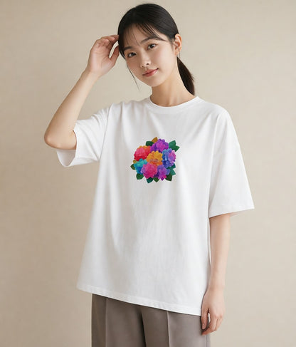 半袖Tシャツ レディース あじさい 紫陽花 アジサイ 花 花柄 イラスト カフェコーデ お出かけ 普段着 白T