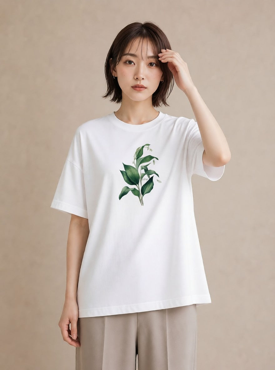 半袖Tシャツ レディース すずらん 花 花柄 イラスト レトロ 帰省 ラフ 白T