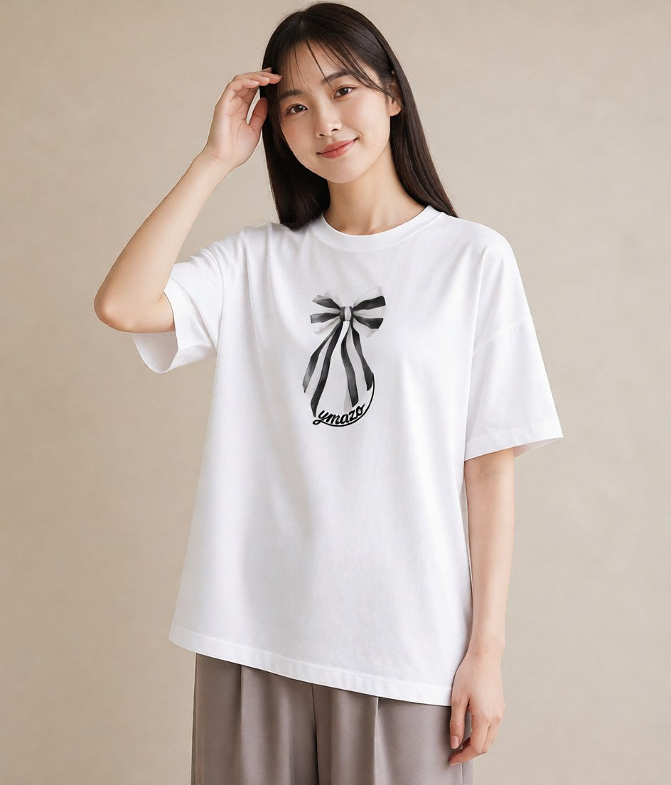 プリントTシャツ レディース リボン 蝶結び ナチュラル アンティーク イラスト 休日 ペアコーデ 白T