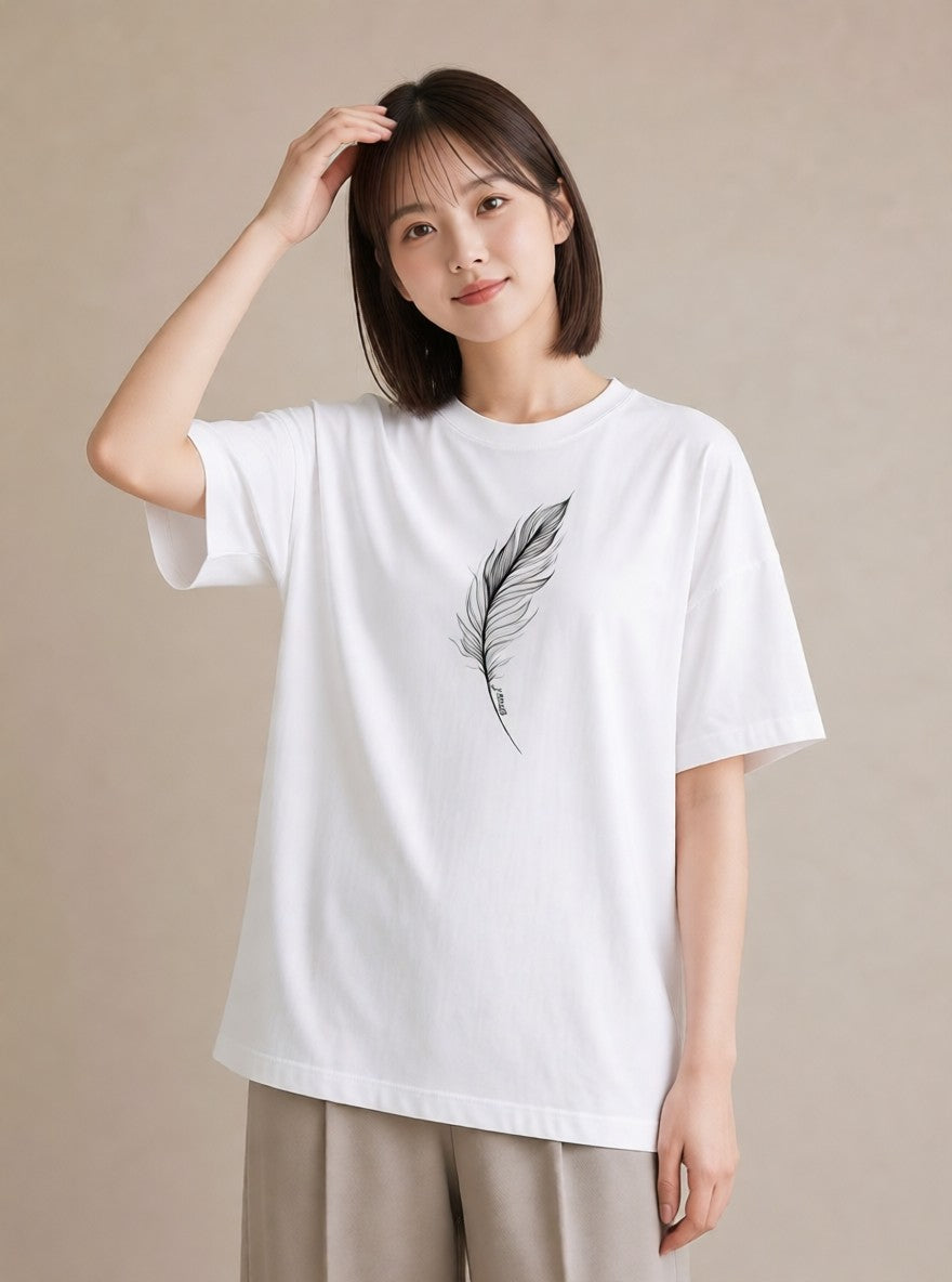 グラフィックTシャツ レディース 扇子 そよ風 ナチュラル アンティーク イラスト 買い物 夏コーデ 白T