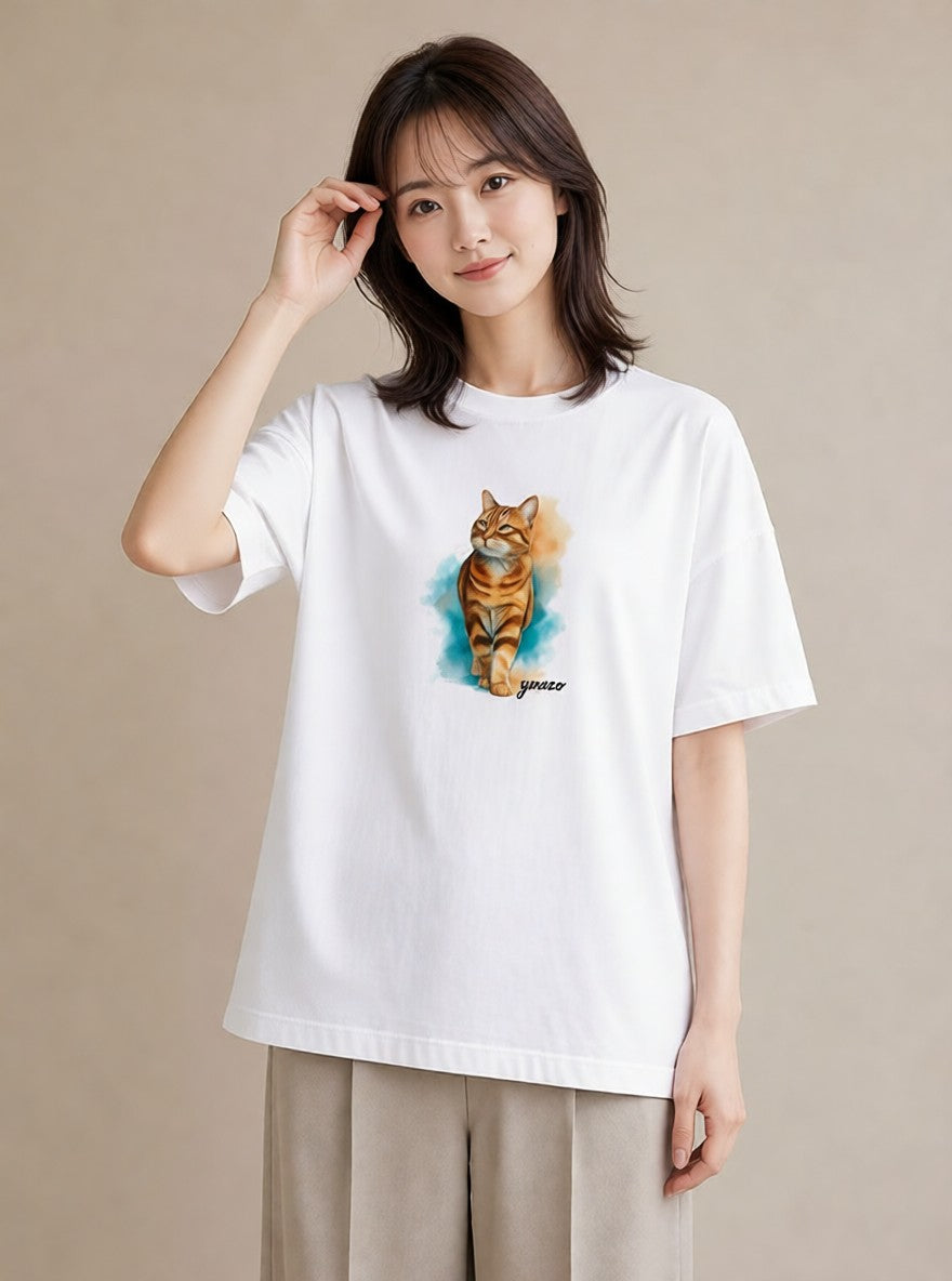 デザインTシャツ レディース おすわり猫 猫 ねこ イラスト 上品 カジュアルコーデ 買い物 白T