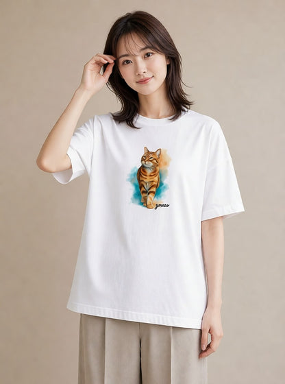 デザインTシャツ レディース おすわり猫 猫 ねこ イラスト 上品 カジュアルコーデ 買い物 白T