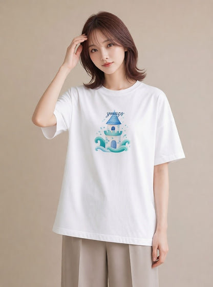 半袖Tシャツ レディース 海 星空 宇宙 イラスト 線画 通勤 在宅 白T