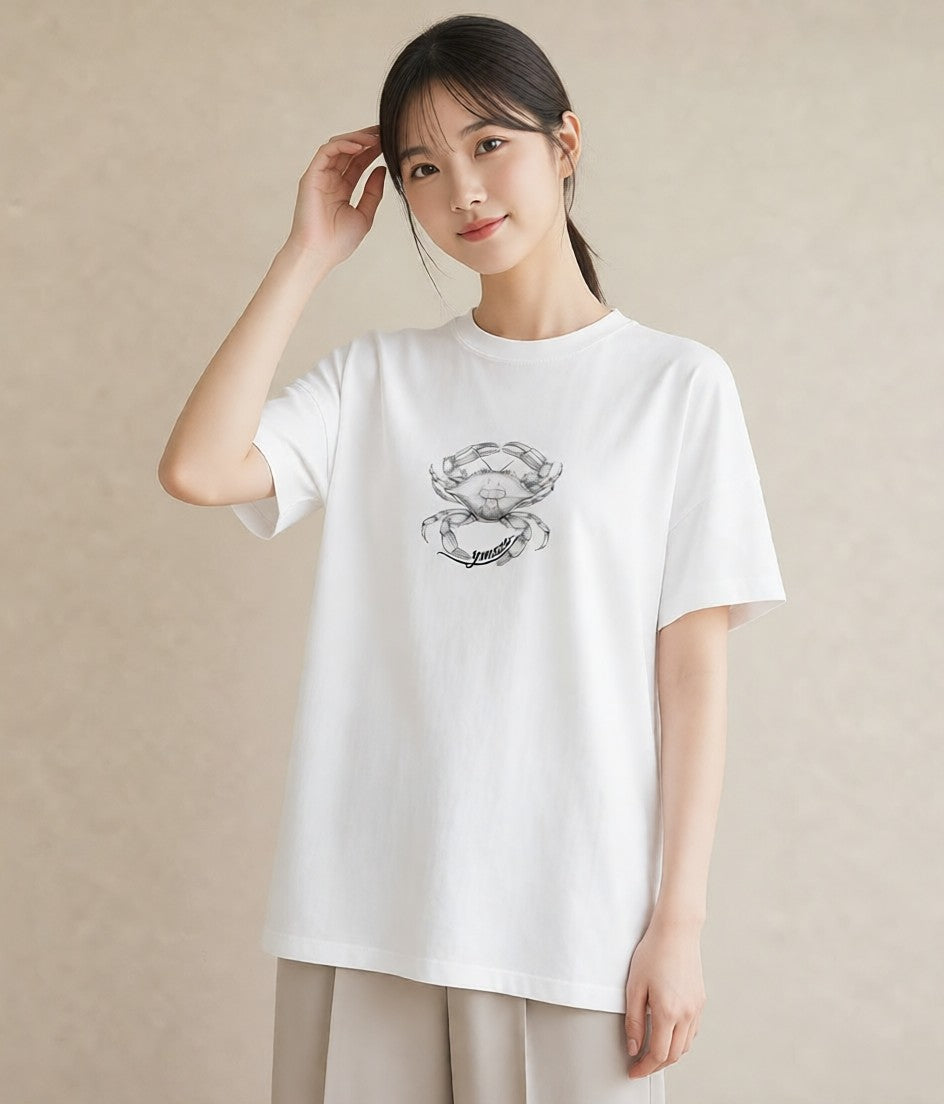 半袖Tシャツ レディース カニ 海の生き物 海 イラスト 抜け感 ママ カフェ服 白T