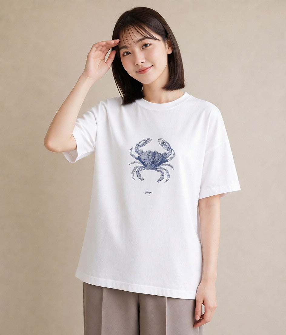プリントTシャツ レディース カニ 海の生き物 海 イラスト こなれ感 姉妹 送別ギフト 白T