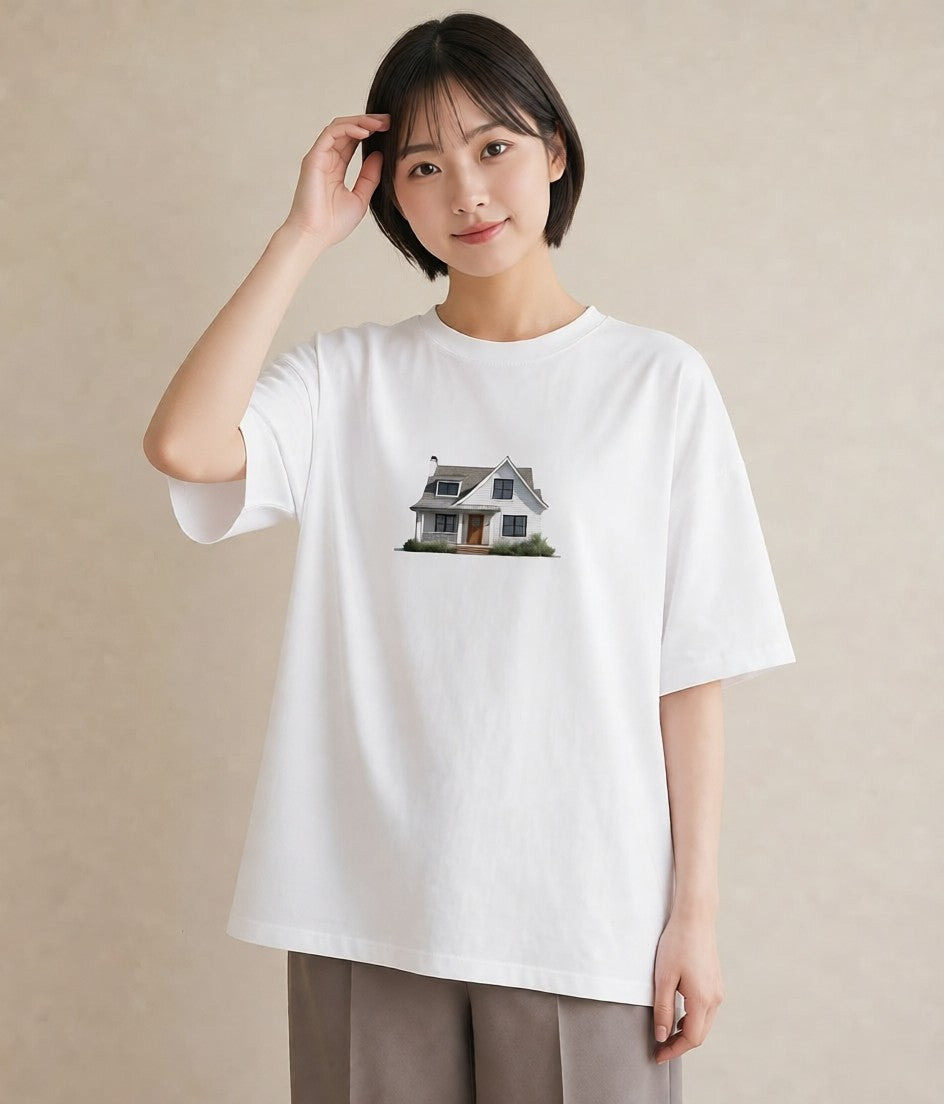 デザインTシャツ レディース 湖畔の小屋 湖 小屋 ナチュラル アンティーク イラスト アート風 女性 旅行用 白T