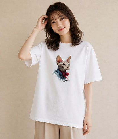 デザインTシャツ レディース スフィンクス 猫 ねこ イラスト 淡色 カフェ服 クリスマス 白T