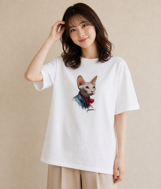 デザインTシャツ レディース スフィンクス 猫 ねこ イラスト 淡色 カフェ服 クリスマス 白T