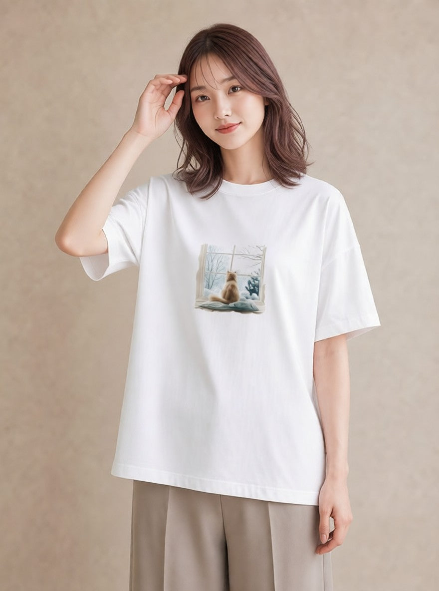 プリントTシャツ レディース 窓辺の椅子 窓辺 椅子 ナチュラル アンティーク イラスト ゆるかわ 通学 誕生日プレゼント 白T