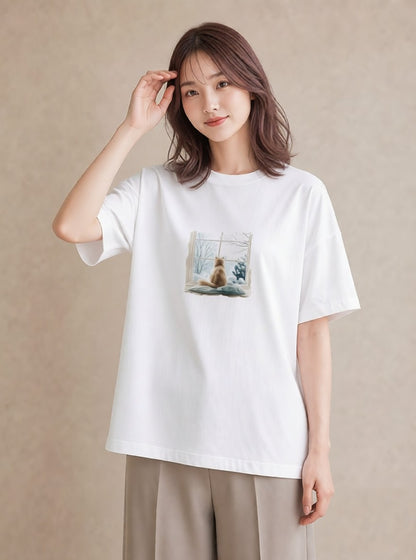 プリントTシャツ レディース 窓辺の椅子 窓辺 椅子 ナチュラル アンティーク イラスト ゆるかわ 通学 誕生日プレゼント 白T