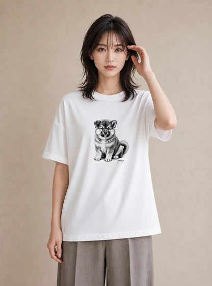 半袖Tシャツ レディース 秋田犬 犬 いぬ イラスト 抜け感 カジュアルコーデ 買い物 白T