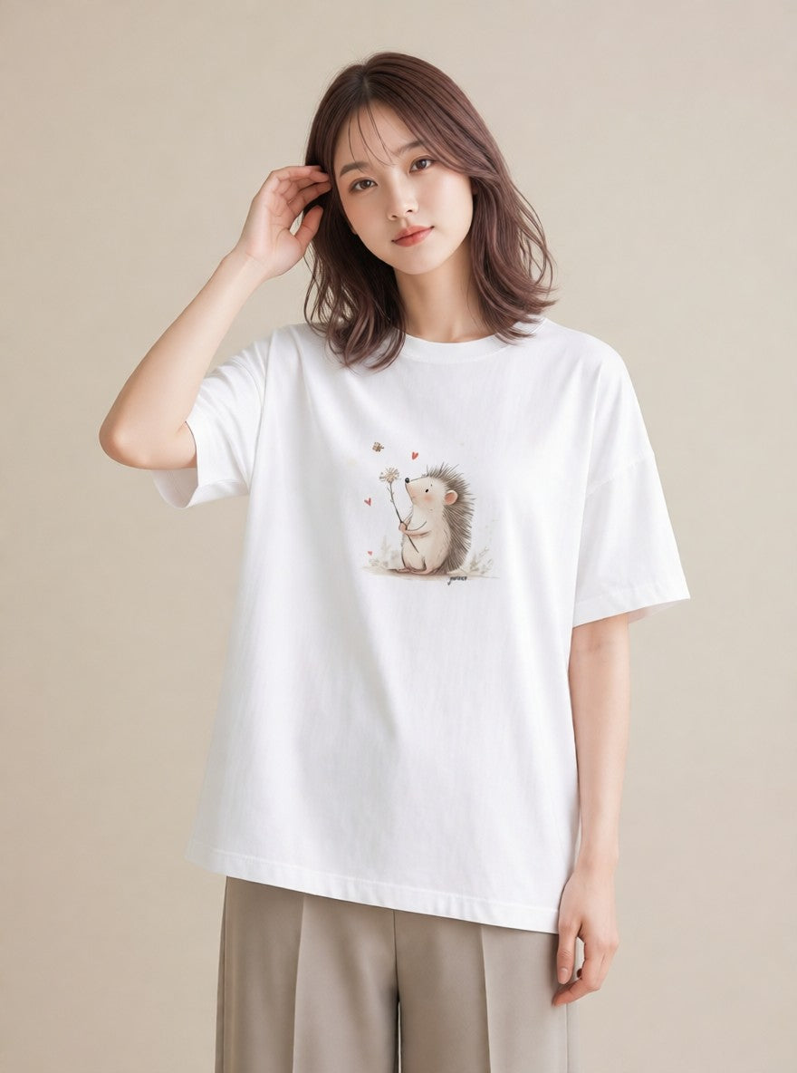グラフィックTシャツ レディース ハリネズミ ペット 動物 イラスト アート風 レイヤード 友達ギフト 白T