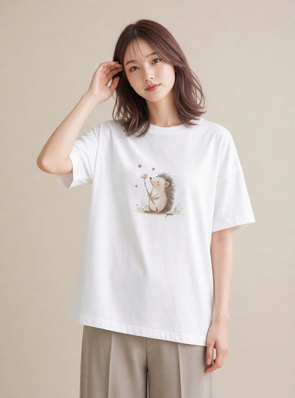 グラフィックTシャツ レディース ハリネズミ ペット 動物 イラスト アート風 レイヤード 友達ギフト 白T