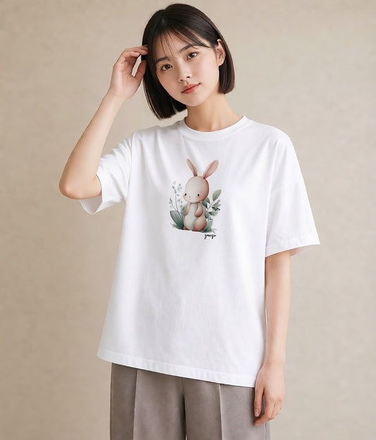 半袖Tシャツ レディース ミニうさぎ ペット 動物 イラスト フェミニン 公園 ママ 白T