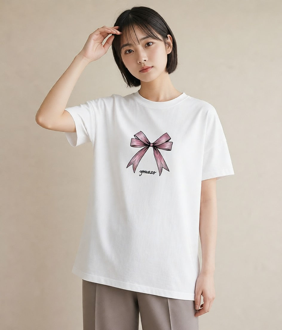半袖Tシャツ レディース リボン 蝶結び ナチュラル アンティーク イラスト 韓国風 クリスマス 旅行 白T