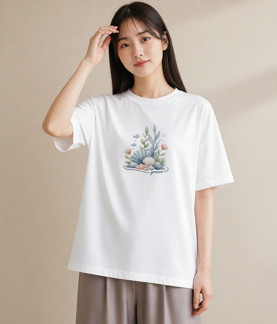 半袖Tシャツ レディース サンゴ 海の生き物 海 イラスト ラフ 自分用 ルームウェア 白T