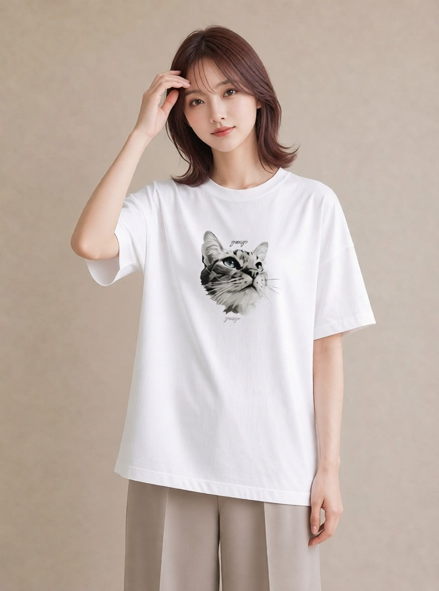 プリントTシャツ レディース 猫 ねこ イラスト ユニーク レイヤード 友達ギフト 白T