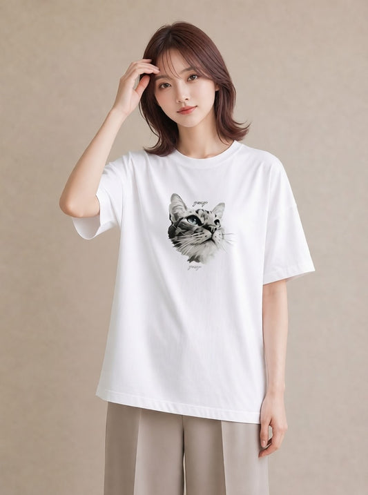 プリントTシャツ レディース 猫 ねこ イラスト ユニーク レイヤード 友達ギフト 白T