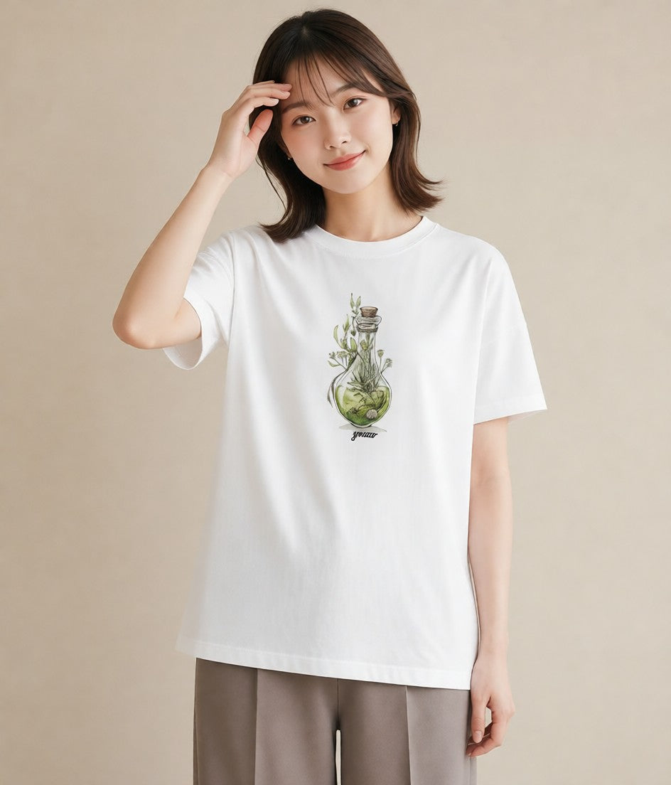 グラフィックTシャツ レディース ガラス瓶 小枝 ボタニカル ナチュラル アンティーク イラスト 休日 ペアコーデ 白T