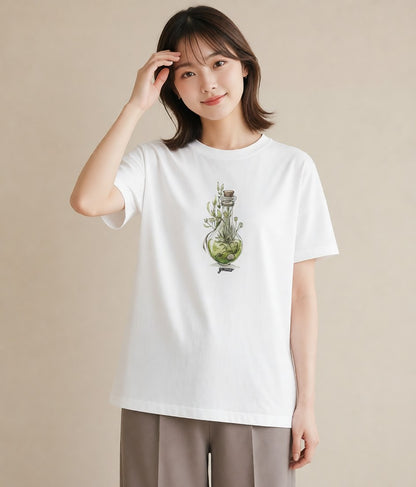 グラフィックTシャツ レディース ガラス瓶 小枝 ボタニカル ナチュラル アンティーク イラスト 休日 ペアコーデ 白T