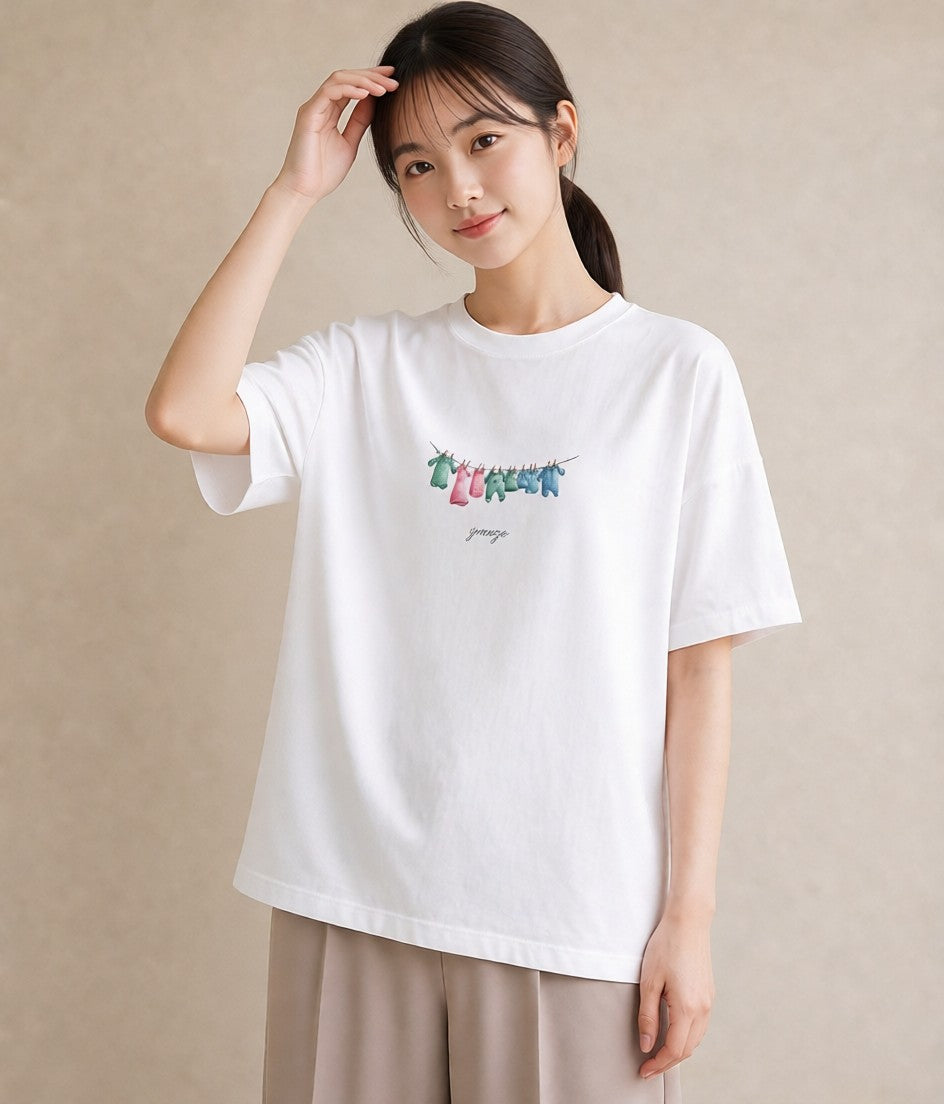 デザインTシャツ レディース 洗濯物 風 ナチュラル アンティーク イラスト 北欧風 週末コーデ 敬老の日 白T