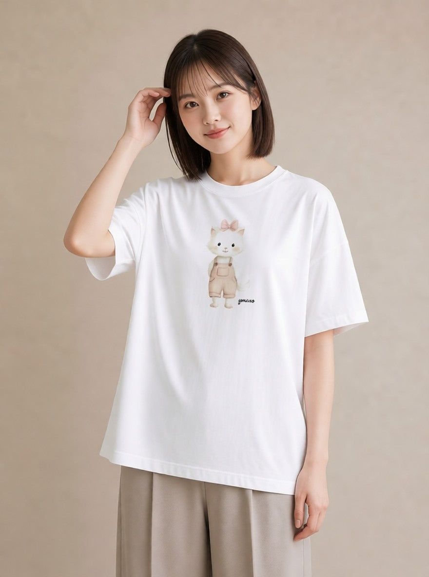 Tシャツ レディース 白猫 猫 ねこ イラスト 手描き風 デート 帰省 白T