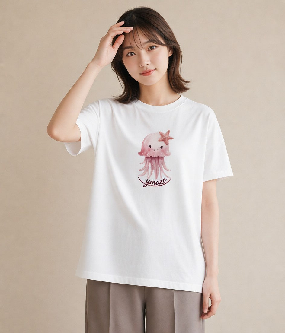 グラフィックTシャツ レディース タコ 海の生き物 海 イラスト 上品 買い物 夏コーデ 白T