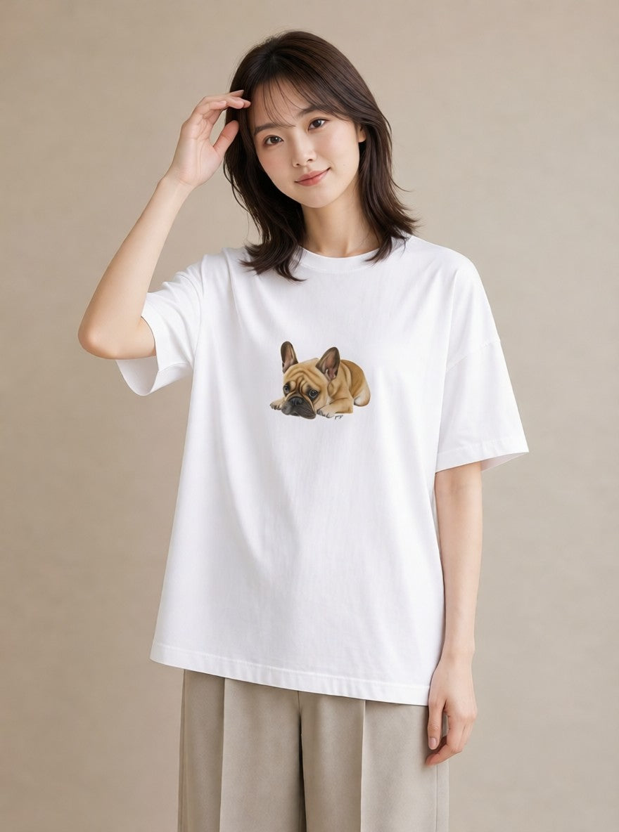 デザインTシャツ レディース フレンチブルドッグ フレブル 犬 いぬ イラスト カフェコーデ 誕生日プレゼント 綿100 白T
