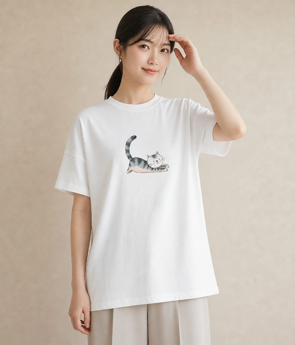 半袖Tシャツ レディース マンチカン 猫 ねこ イラスト カジュアル 在宅 公園 白T