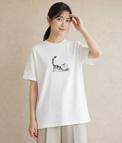 半袖Tシャツ レディース マンチカン 猫 ねこ イラスト カジュアル 在宅 公園 白T