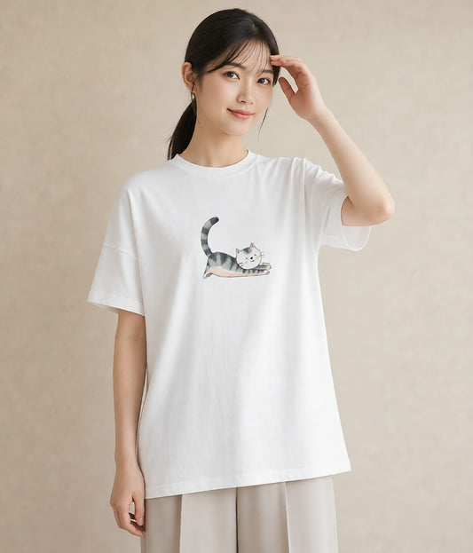半袖Tシャツ レディース マンチカン 猫 ねこ イラスト カジュアル 在宅 公園 白T
