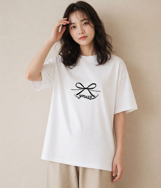 半袖Tシャツ レディース リボン ボウ りぼん イラスト 線画 自分用 ルームウェア 白T