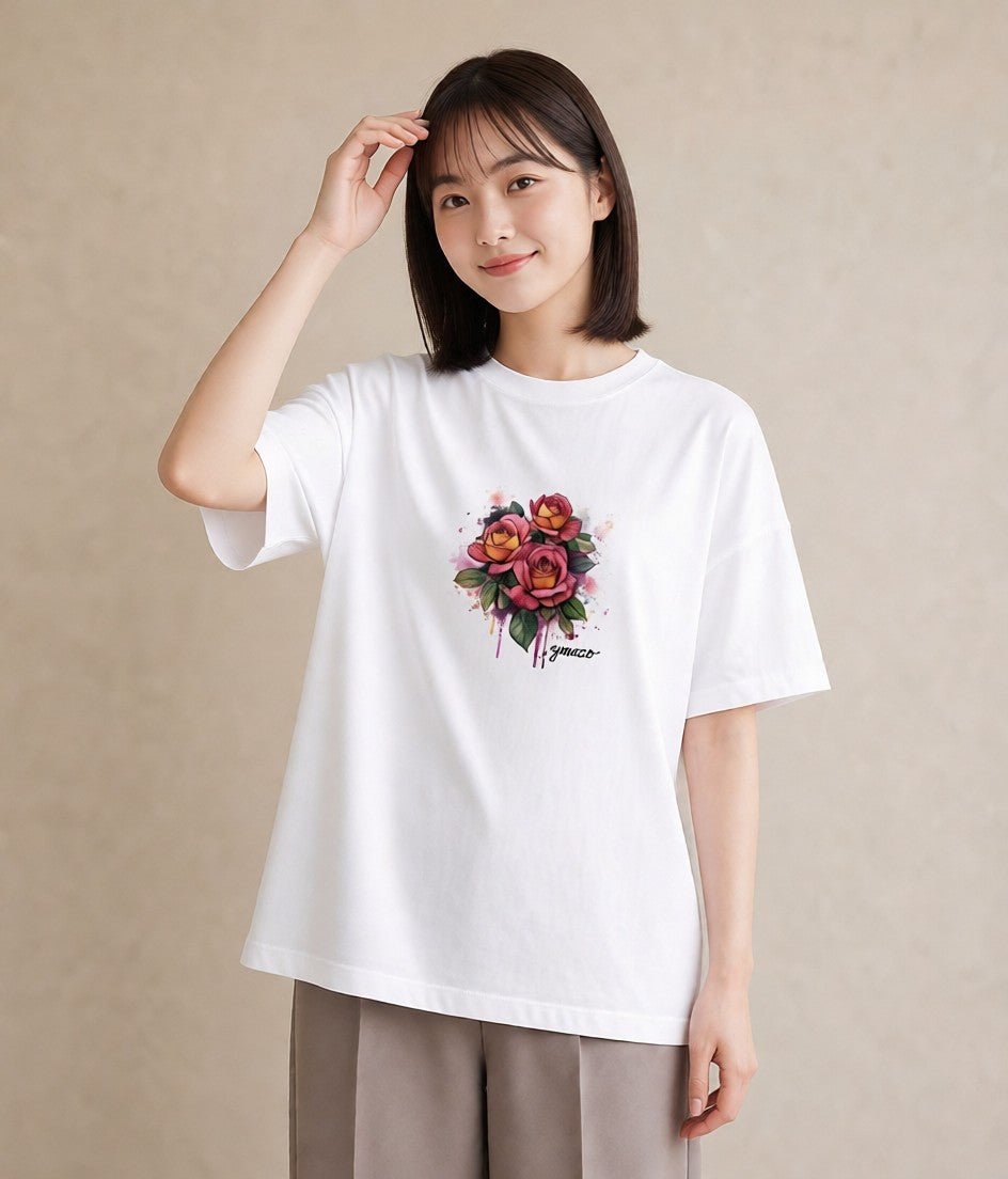 プリントTシャツ レディース バラ 薔薇 ローズ 花 花柄 イラスト 普段使い お出かけ 普段着 白T