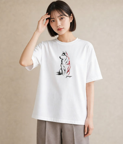 Tシャツ レディース シベリアンハスキー 犬 いぬ イラスト 母の日 ビーチ 白T