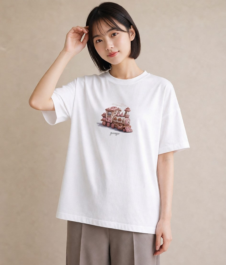 半袖Tシャツ レディース 駅のホーム ローカル線 駅 ナチュラル アンティーク イラスト ミニマル 自分用 ルームウェア 白T